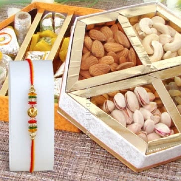 1pc Rakhi with 500gms of mixed Mithai and 250gms Mixed Dryfruits, Raksha Bandhan Gift Hamper. Please note : Rakhi Design / Basket / Boxes /  Container may be replaced in case of unavailability/out of stock.