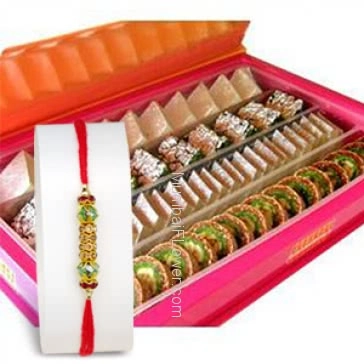 1pc Rakhi with 1 Kg. Mixed Mithai. Please note : Rakhi Design / Basket / Boxes /  Container may be replaced in case of unavailability/out of stock.