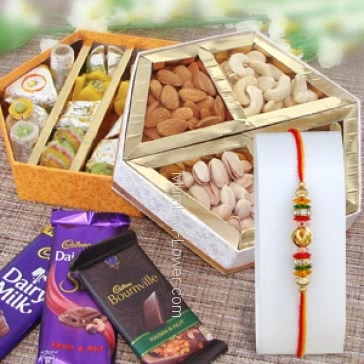 1pc Rakhi with 250gms Dryfruits and 500gm Mixed Mithai and 3pc Mixed Cadbury Chocolates. Please note : Rakhi Design / Basket / Boxes /  Container may be replaced in case of unavailability/out of stock.