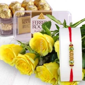 1pc Rakhi with Bunch of 6 Yellow Roses with Box of 16pc Fererro Rocher chocolates. Please note : Rakhi Design / Basket / Boxes /  Container may be replaced in case of unavailability/out of stock.