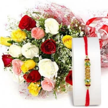 1pc Rakhi with Bunch of 20 Mixed Color Roses with fillers and ribbons. Please note : Rakhi Design / Basket / Boxes /  Container may be replaced in case of unavailability/out of stock.