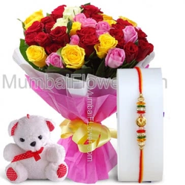 1pc Rakhi with Bunch of 30 Mixed Color Roses with fillers ribbons and paper packing with 6 Inch Teddy. Please note : Rakhi Design / Basket / Boxes /  Container may be replaced in case of unavailability/out of stock.