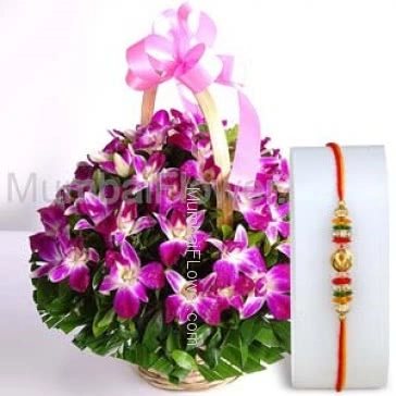 1pc Rakhi with Basket of Orchids with fillers greens. Please note : Rakhi Design / Basket / Boxes /  Container may be replaced in case of unavailability/out of stock.