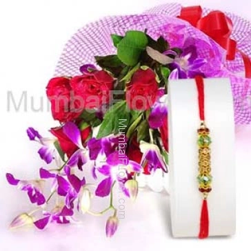 1pc Rakhi with Bunch of 2 Orchids and 5 Red Roses with fillers and Ribbons. Please note : Rakhi Design / Basket / Boxes /  Container may be replaced in case of unavailability/out of stock.