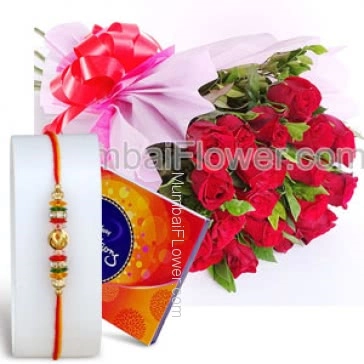 1pc Rakhi with 15 Red Roses and Small Cadbury Celebration 130gms. Please note : Rakhi Design / Basket / Boxes /  Container may be replaced in case of unavailability/out of stock.