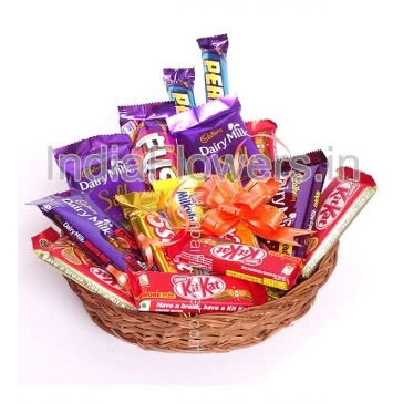 Chocolate Basket of 2pc Cadbury Silk 55g., 3pc Samll KitKat 18g., 2pc Big KitKat 38g., 1pc Fuse 50g., 2pc Perk Chocolate 29g., 2pc 5Star Chocolate 43g., 1pc Milkybar 40g., 1pc Cadbury Dairymilk FNT 38g. and 1pc Cadbury Dairymilk Crackle 36g.

