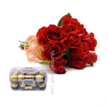 Bunch of 10 Red Roses with Box of 16pc Ferrero Rocher Chocolates