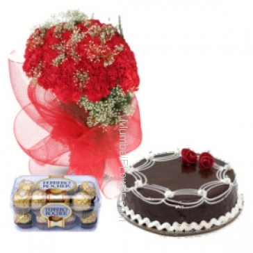The best combination for your love with  thd love Bunch of 30 Red carnation. Half kg. Chocolate cake. 16 pc Ferroro Rocher Chocolate to make your love-forever will feel so special.