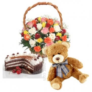 The beautiful Basket of 30 Mixed Roses with 12 inches cute Teddy and Half kg Black forest cake a wonderful gift combo.