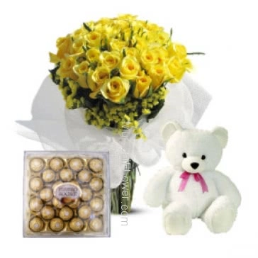 For a special friendship a special friendship combo- Bunch of 30 Yellow Roses. 24 pc Ferroro Rocher Chocolate.6 inches Teddy