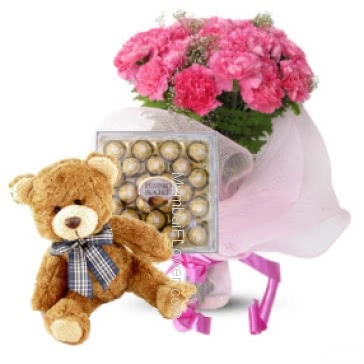 A combination of gift can be gift to the mother of new born baby or to your love Bunch of 20 carnation. 24 pc Ferroro Rocher Chocolate. 12 inches Teddy