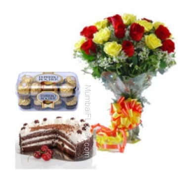 For the special person who made your life special your best friedn gift them Bunch of 20 Red and Yellow Roses. 16 pc Ferroro Rocher Chocolate. Half kg Black forest cake