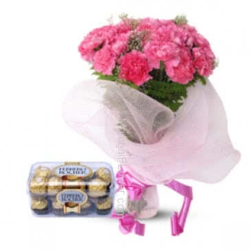Gift for mother or daughter a Bunch of 20 carnation and 16 pc Ferroro Rocher Chocolate