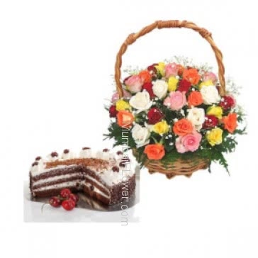 A perfect gift combo to say Thanks gratitudly with the Basket of 40 Mixed Roses with Half Kg and  Black Forest Cake