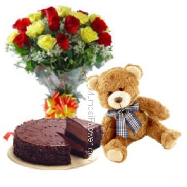 To refresh your relations with the Bunch of 30 Mixed Roses and 12 Inch Teddy with 1 Kg  Chocolate Truffle Cake