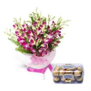 A beautiful Bunch of 20 Orchids with 16pc Ferroro Rocher for the special person whose presence make you feel yourself protected gift him the beautiful gift combo and say Be there for Me