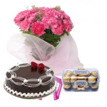 Wish the congrates and gift that lucky person!- Bunch of 20 Pink Carnation, Half Kg. Chocolate Cake and 16pc Ferrero Rocher