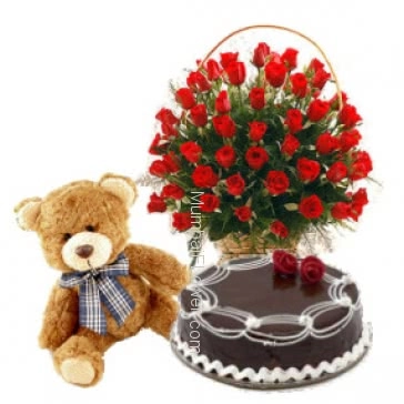 Make your evening romantic gift your special one saying ,For U Honey- a Basket of 30 Valentine Red Roses, 12 Inch Teddy and Half Kg. Chocolate Cake.