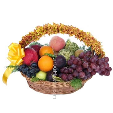 An arrangement of mixed fruits and flowers with a ribbon bow, A wonderful gift.