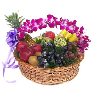 Basket of mixed fruits and purple orchids with a ribbon bow. Gift to your grand parents.
