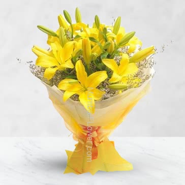 Bunch of 5 pc Asiatic Yellow Lilies nicely decorated with Ribbons for the special person in your life who made your life special.