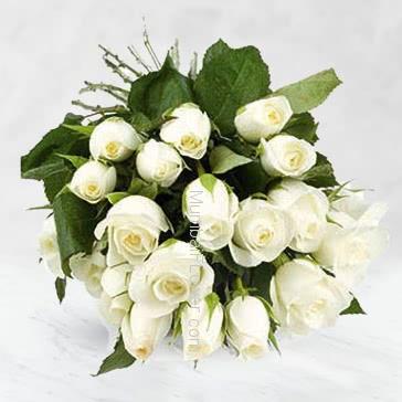 White roses stand for: unity, loyalty, reverence, humility, love stronger than death, sincerity, purity, silence and innocence as well as youthfulness.Bunch of 15 White Roses nicely decorated with greens