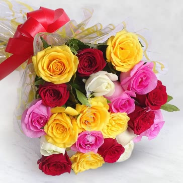 Bunch of 20 Mixed Color Roses nicely decorated with fillers and Ribbons.