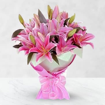 A pink one meant perfect happiness. Bunch of 5 pc Asiatic Pink Lilies for your loved ones nicely decorated with Ribbons.
