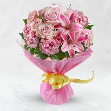 Bunch of 10 Pink Roses, 10 Pink Carnation and 3 Pink Lilies nicely decorated with fillers and ribbons