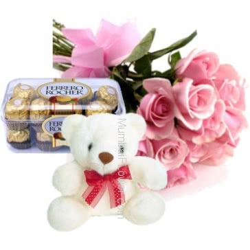 Bunch of 12 Pink Roses and 16pc Ferrero Rocher Chocolate and 6 inch Teddy