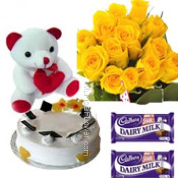 Bunch of 12 Yellow Roses, 6 inch Teddy , 5pc Chocolate rs.25 each and Half kg. pineapple cake 