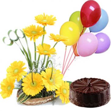 Arrangement of 15 Yellow Gerberas and Half kg. Chocolate Truffle Cake..with baloons
