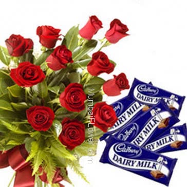 Bunch of 12 Red Roses nicely decorated with 5pc cadbury 