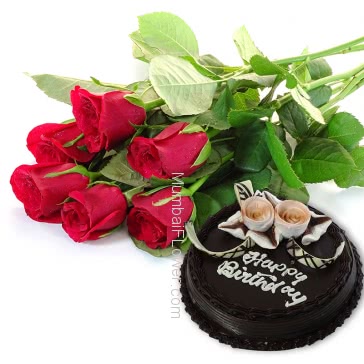 Combo of Bunch of 6pc of Red Roses and Half Kg. Chocolate Truffle Cake.