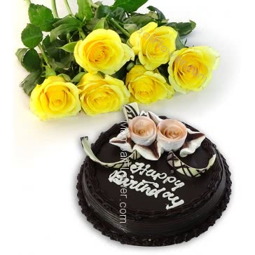 Bunch of 6 Yellow Roses with fillers and ribbons and Half Kg. Chocolate Cake 