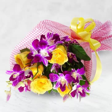 Bunch of 6 Yellow Roses and 5 Purple Orchids with Plastic Cellophane packing Orchid n Roses Bouquet