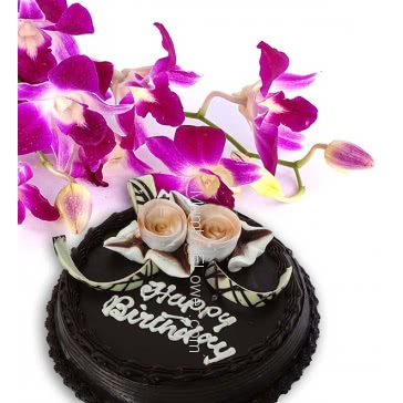 Bunch of 3 Purple Orchids nicely decorated with fillers and ribbons and Half Kg. Chocolate Cake