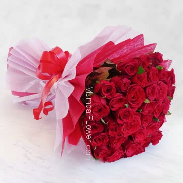 Premium my fair lady bouquet of 50 Red Roses nicely decorated with fillers ribbons and exclusive paper packing.
