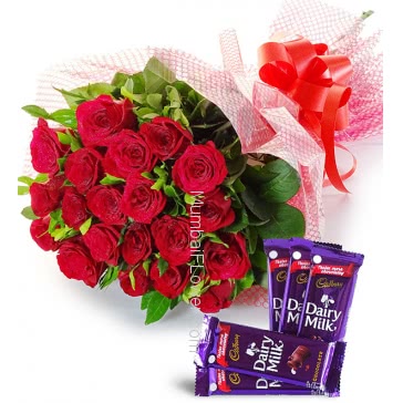 Bunch of 20 Red Roses nicely decorated and 5pc Cadbury Dairymilk of Rs.25 each