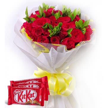 Combo of Bunch of 20 Red Roses nicely decorated with fillers and ribbons with 3 Pc Nestle KitKat of Rs.25 each.