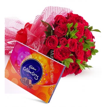 Bequtiful Bouquet of 30 Red Roses nicely decorated with fillers ribbons, and Box of Cadbury Celebration