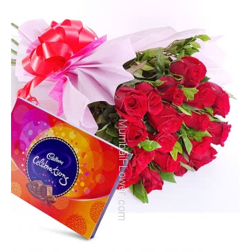 Bunch of 20 Red Roses nicely decorated with fillers ribbons packed with paper packing, with Box of Cadbury Celebration