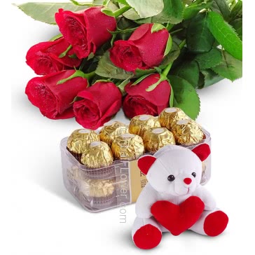 Bunch of 6 Red Roses with Plastic Cellophane packing and 16 pc Fererro Rocher Box and 6 Inch Teddy