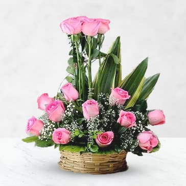 Beautiful Basket of 25 Pink Roses with fillers and greens